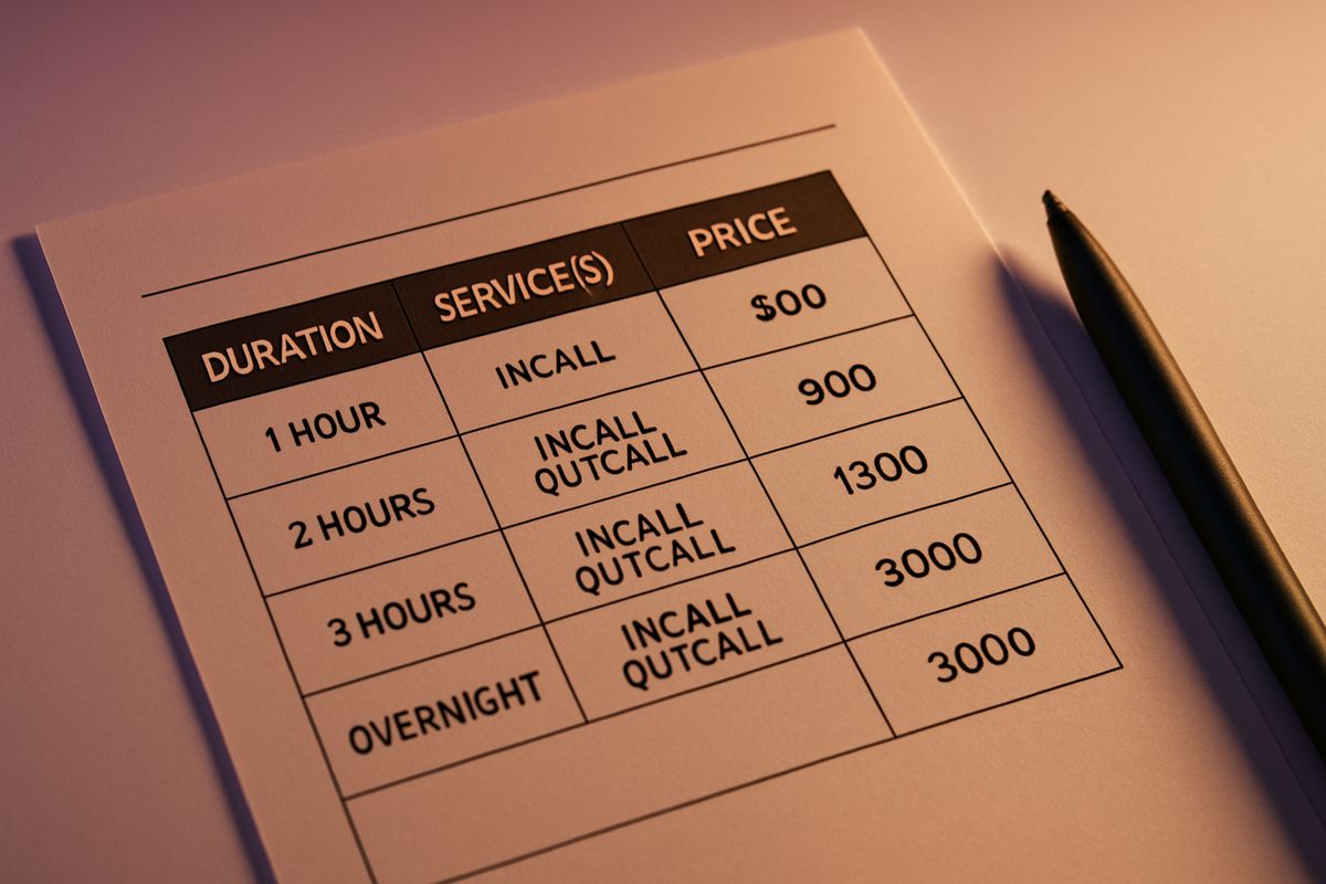 Printed table of typical escort rates and pricing structures on a white surface.