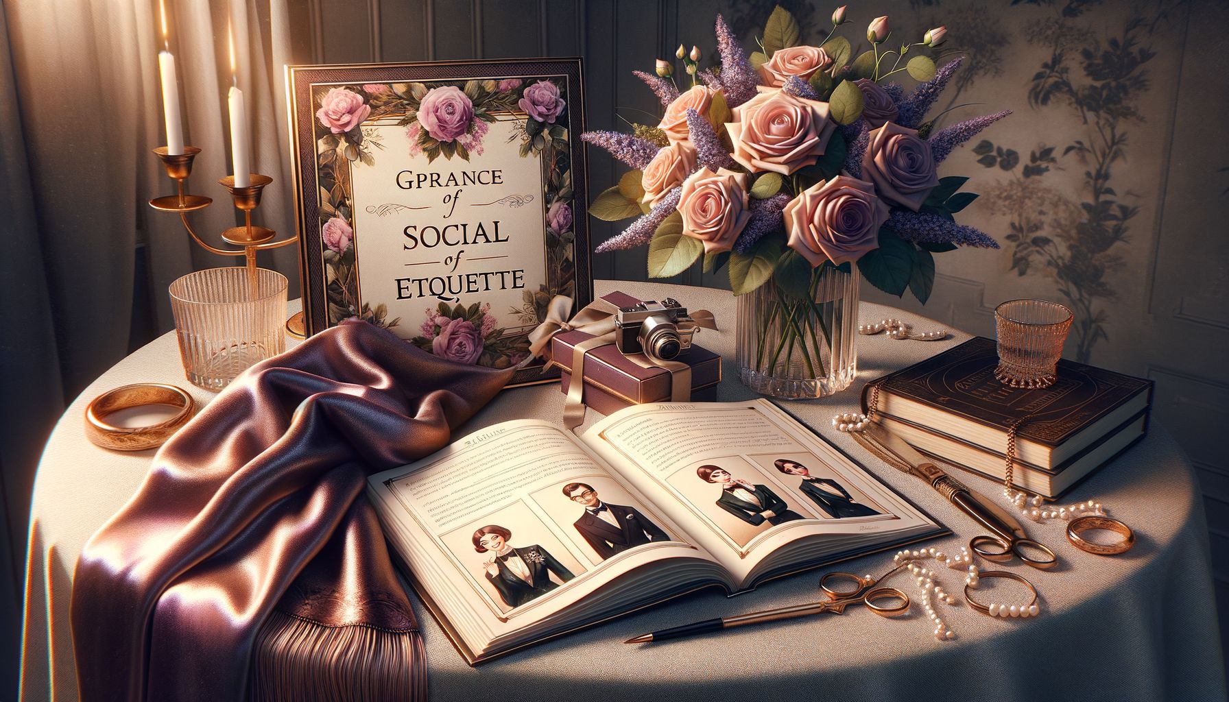 Elegante Anordnung mit Rosen und Notizbuch für Escort-Etikette.