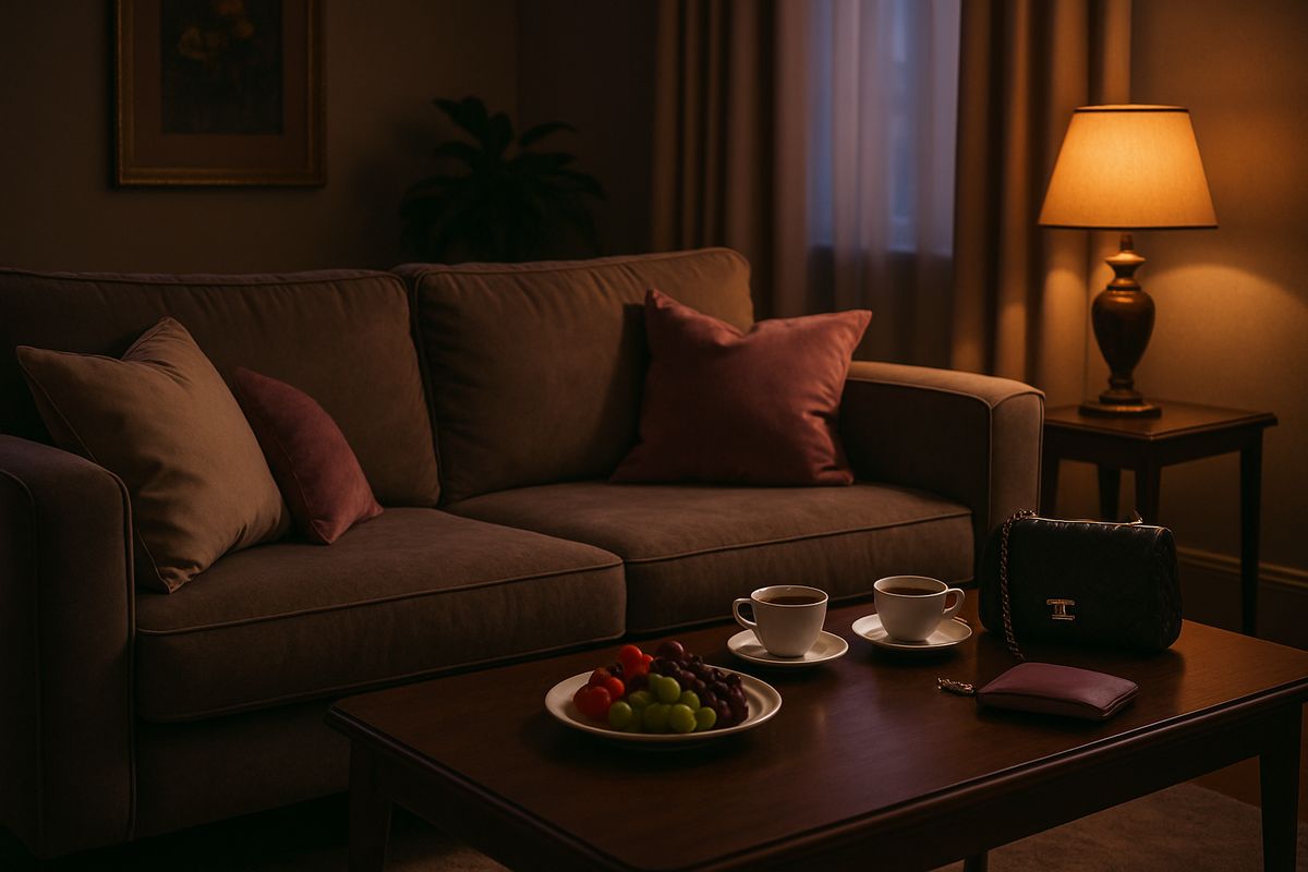 A stylish living room environment set up for outcall services with comfortable seating.