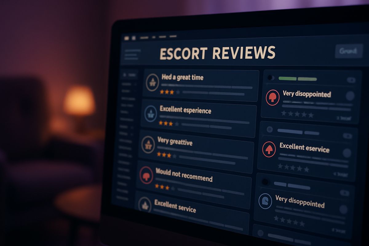 Zbliżenie na ekran komputera z mieszanymi recenzjami escort na forum.