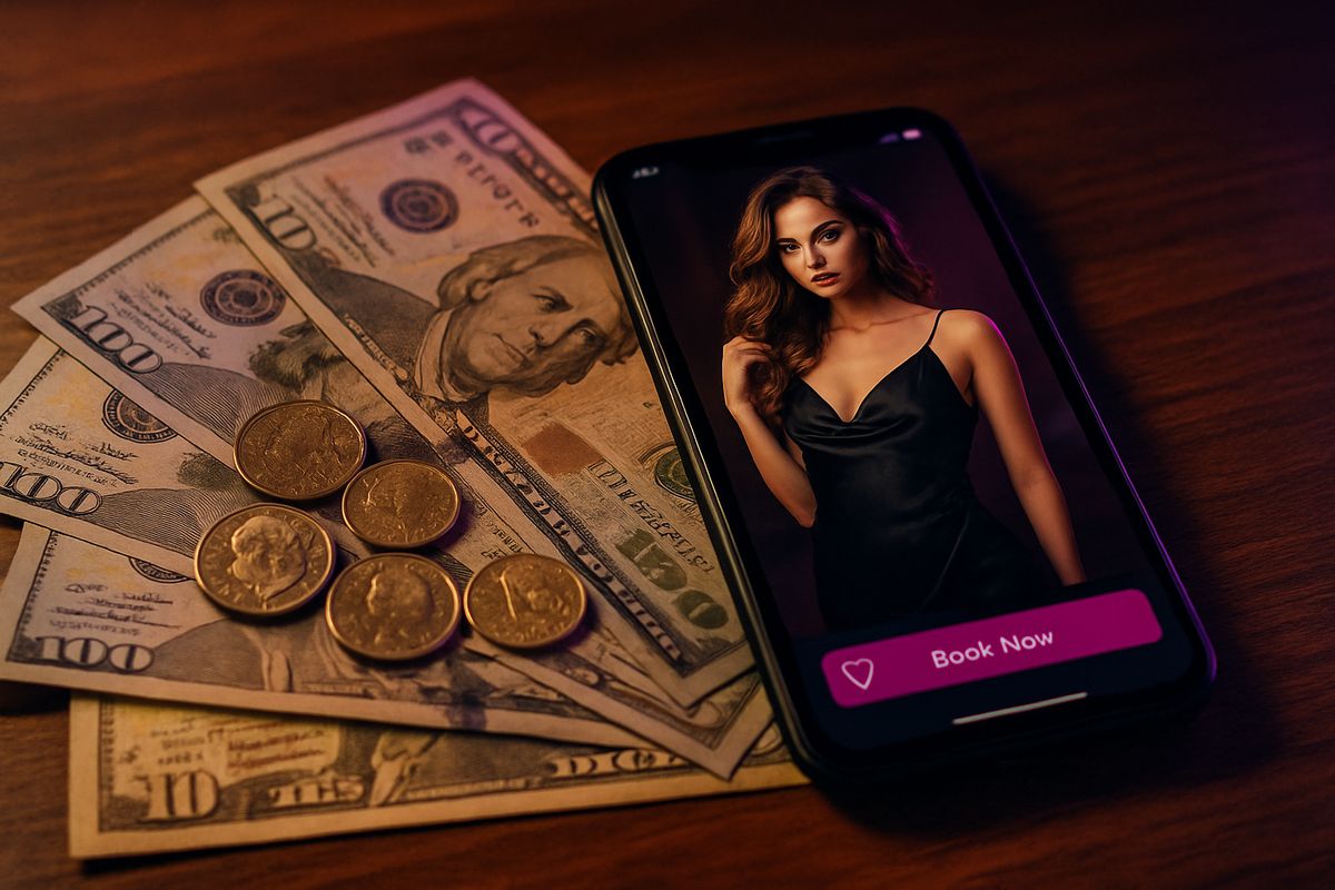 Currency notes and smartphone showing escort service app on a wooden table.