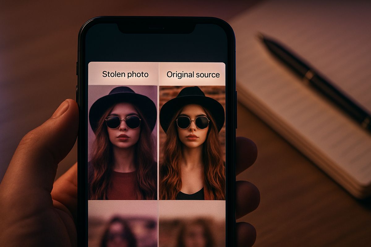 Smartphone showing reverse image search results used to spot fake escort ads.