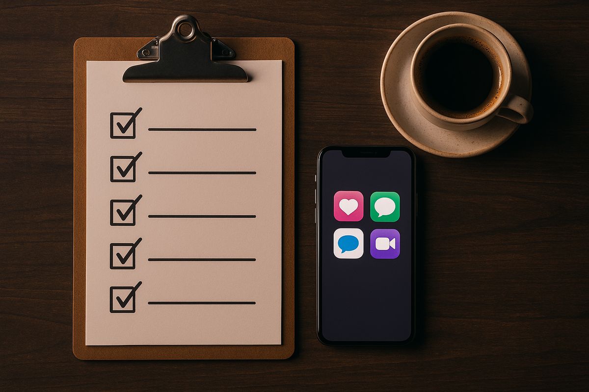 Vetting checklist and smartphone for screening a potential third for couples ads.